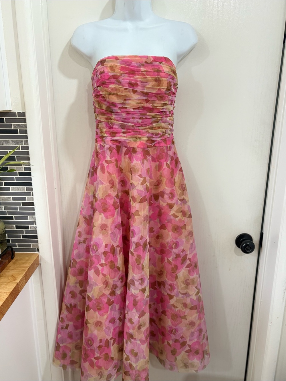 Vintage Strapless fairy whimsical Pink Floral Midi Dress with Ruched Bodice